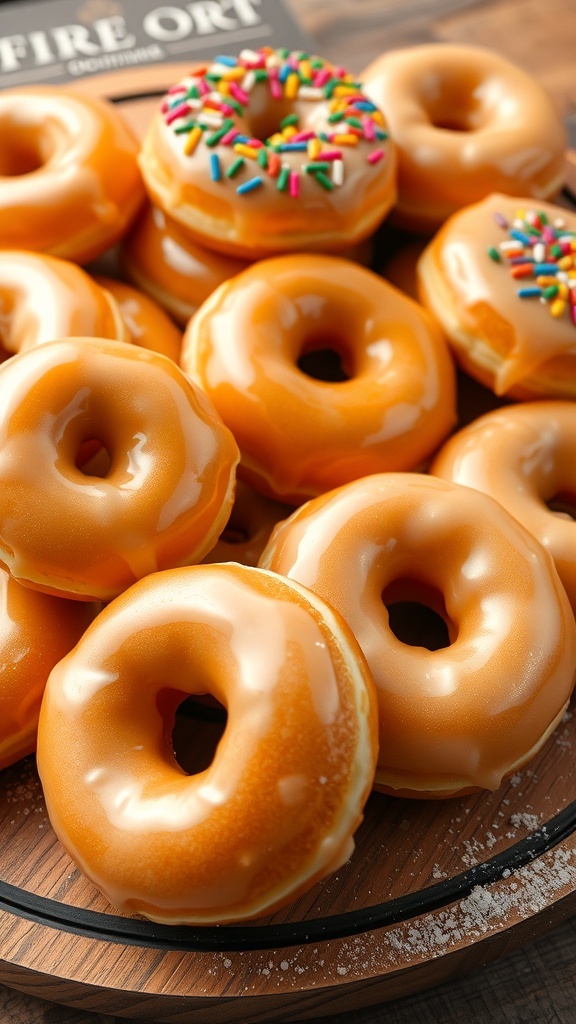 Classic Glazed Donuts Recipe A variety of freshly glazed donuts on a wooden platter, some with sprinkles, showcasing their golden brown color.